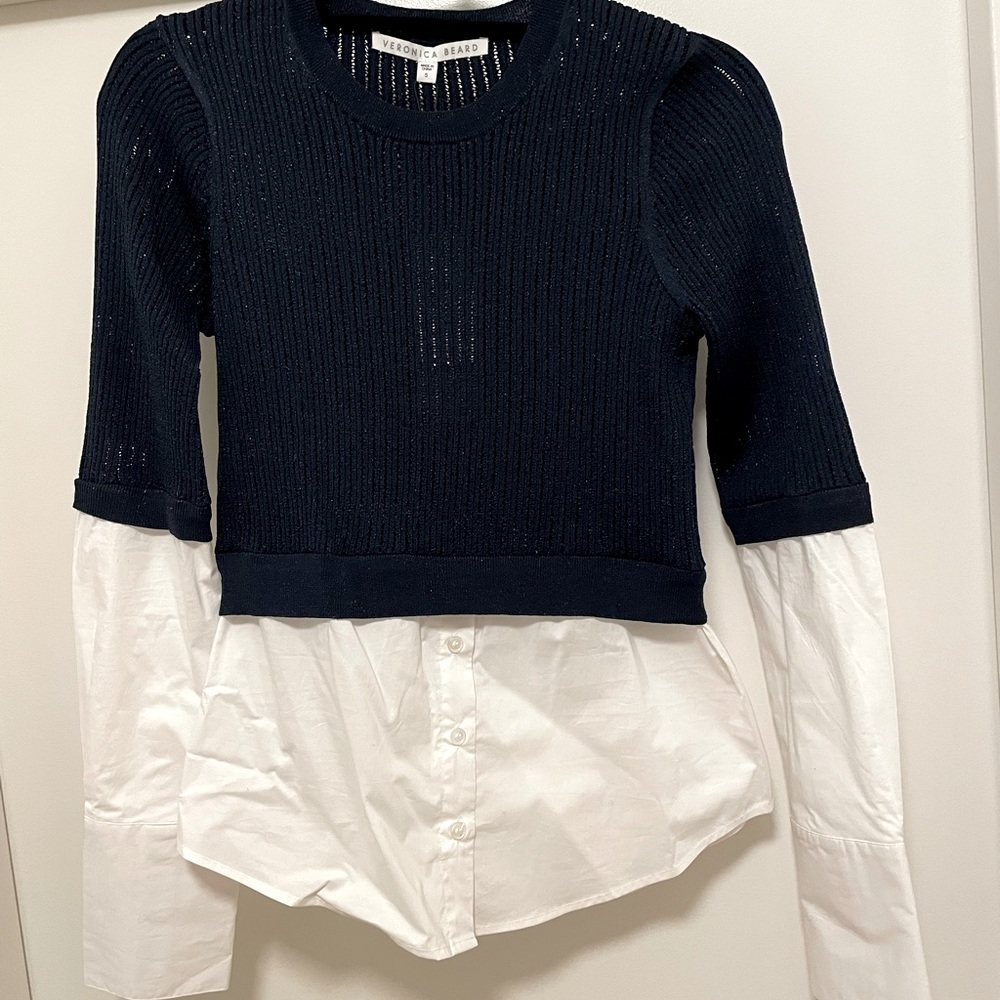 Veronica Beard. Kaley Mixed Media Sweater. NWT. Navy & White. Small.